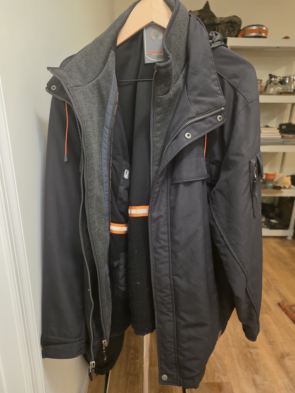 Weatherproof Men's Black Hooded Puffer Jacket with Orange Accents